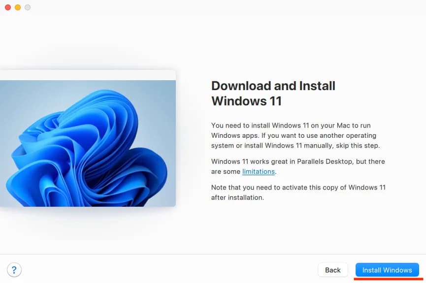 Parallels Installation Assistant — „Install Windows“