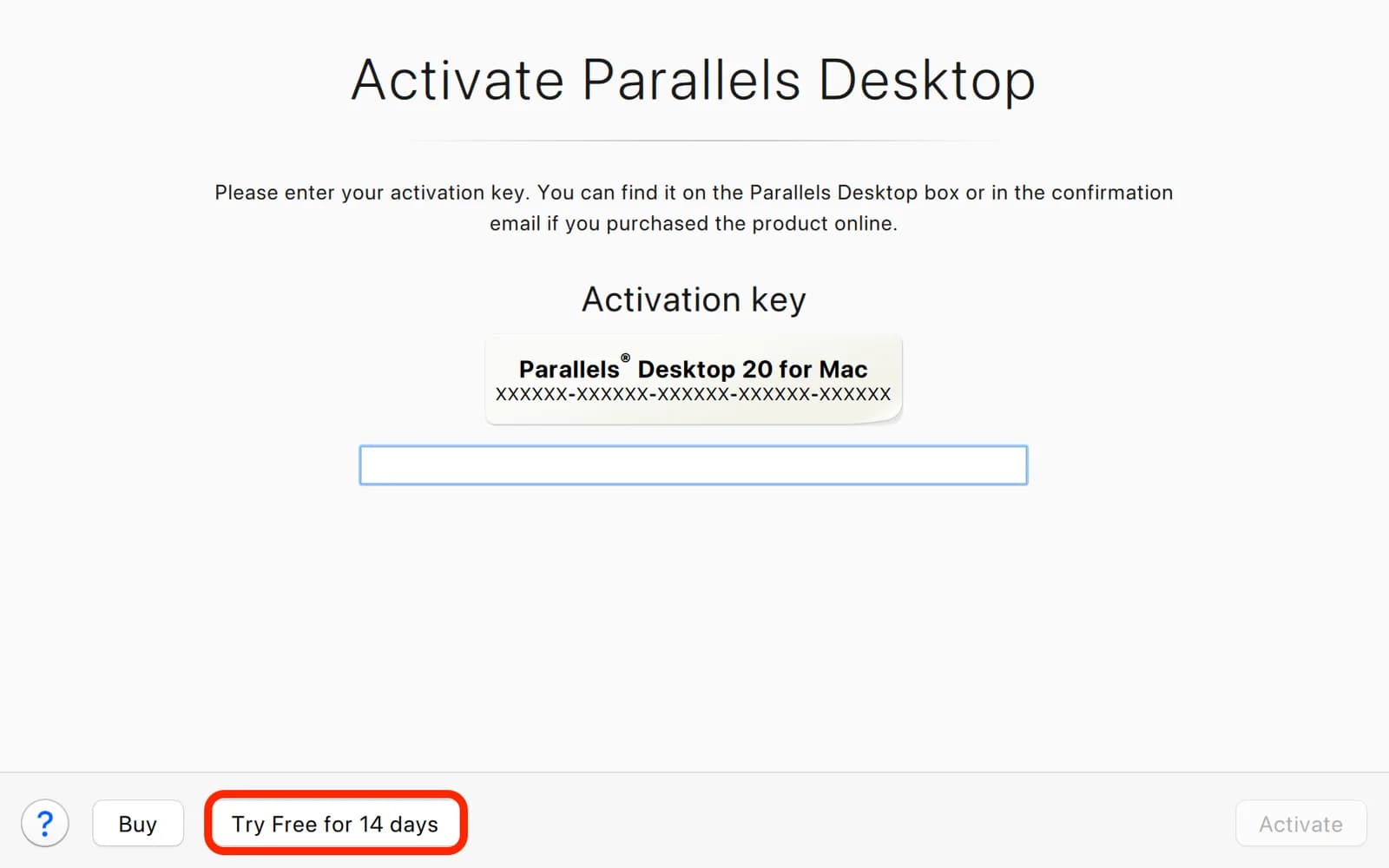 Parallels-ის შესვლის ფანჯარა — Try free