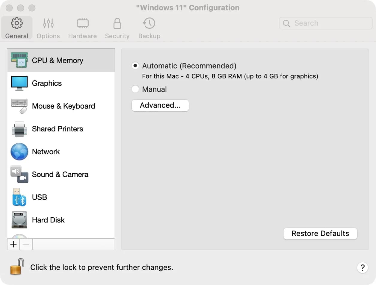 Parallels Configuration → Hardware → CPU & Memory